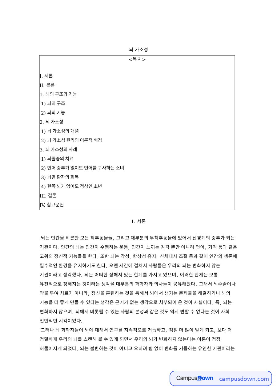 뇌의 구조와 기능 가소성 관련 핵심 내용 요약 정리 자료의 첫 페이지 미리보기