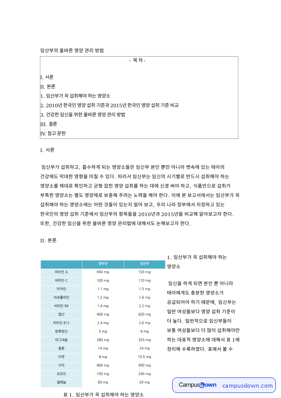 임산부 영양 엽산 철분 칼슘 단백질 섭취와 올바른 식생활 자료의 첫 페이지 미리보기