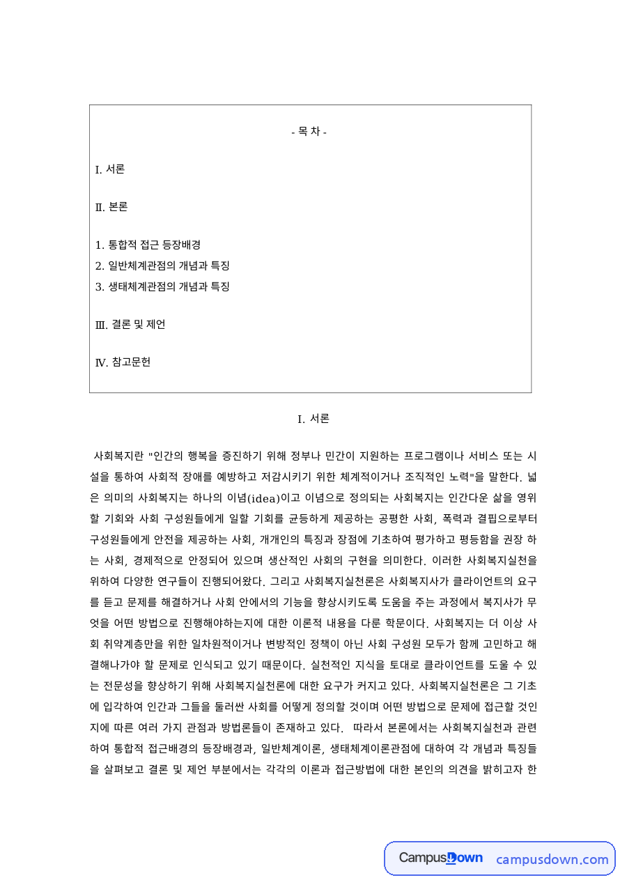 사회복지실천론 과제 – 일반체계관점과 생태체계관점 자료의 첫 페이지 미리보기