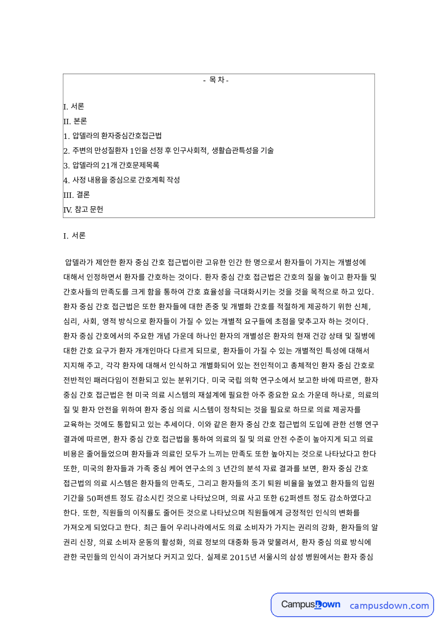 압델라의 환자중심간호접근법 핵심 개념과 주요 내용 정리 2편 자료의 첫 페이지 미리보기