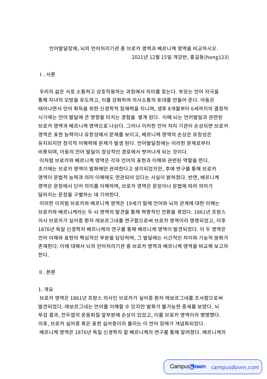 언어발달장애, 뇌의 언어처리기관 중 브로카 영역과 베르니케 영역을 비교 자료의 첫 페이지 미리보기