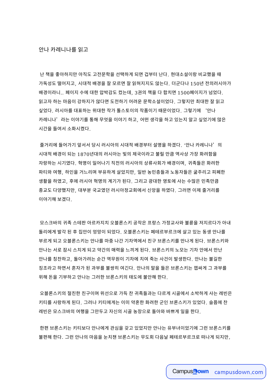 안나 카레니나를 읽고 자료의 첫 페이지 미리보기