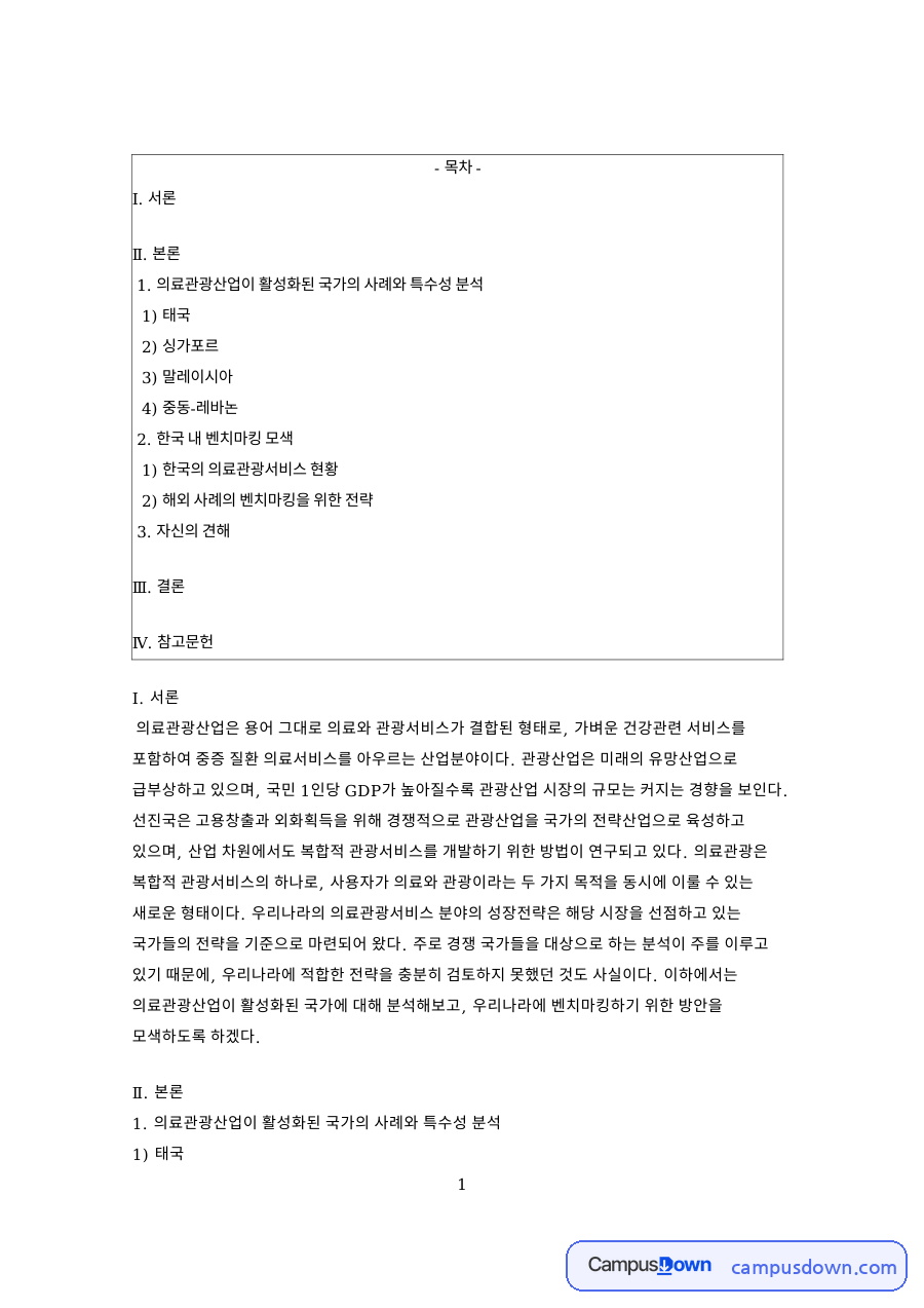 의료관광산업이 활성화된 국가의 사례와 특수성 분석 자료의 첫 페이지 미리보기