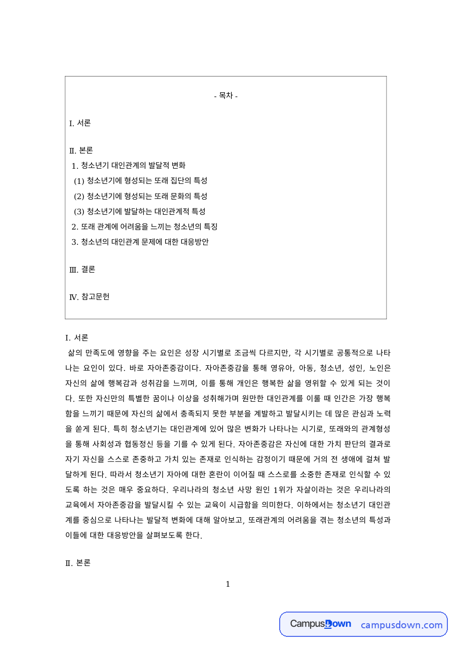 청소년심리 과제 – 청소년기 또래 집단과 대인관계 특성 자료의 첫 페이지 미리보기