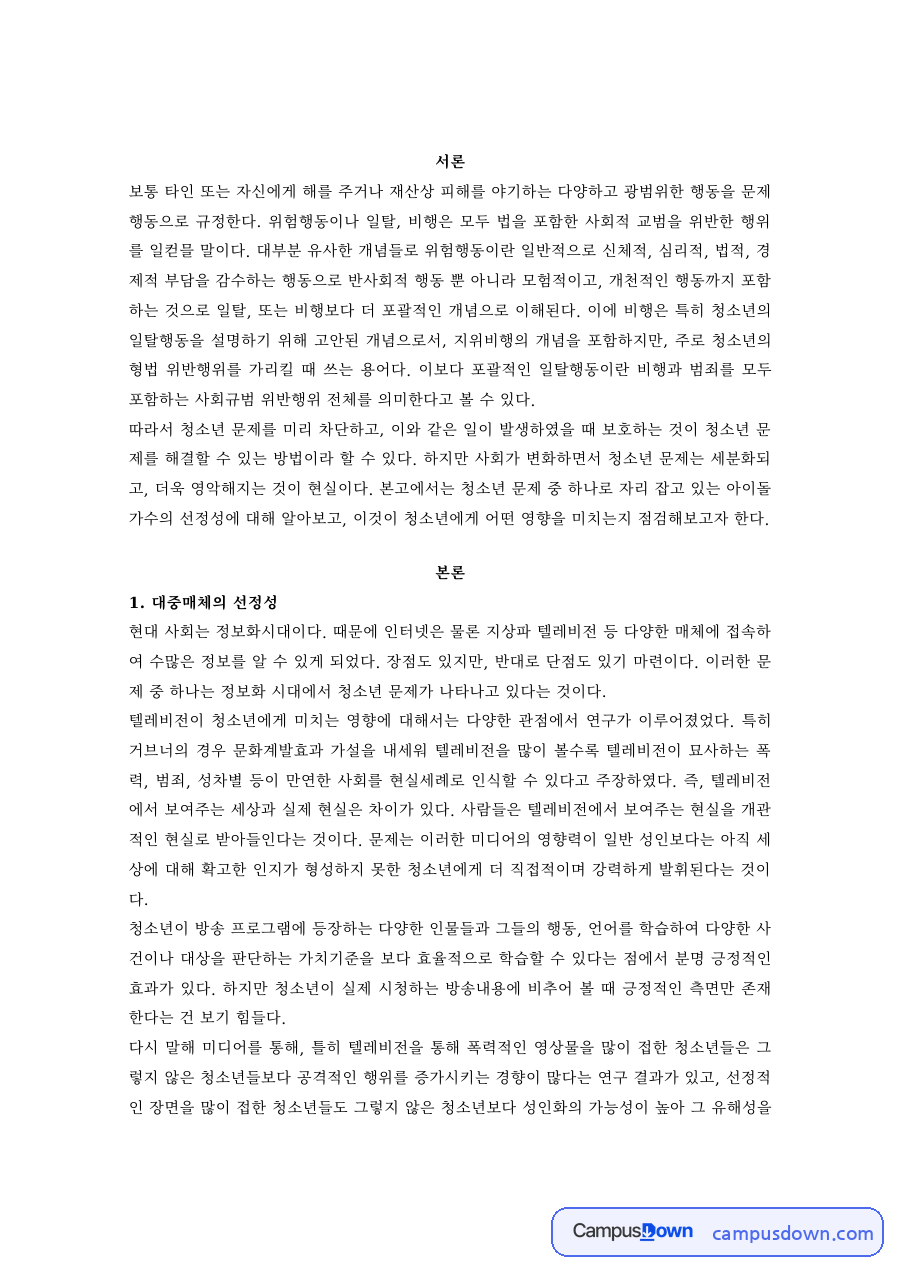 청소년문제 과제 – 대중매체의 선정성과 예방법 자료의 첫 페이지 미리보기