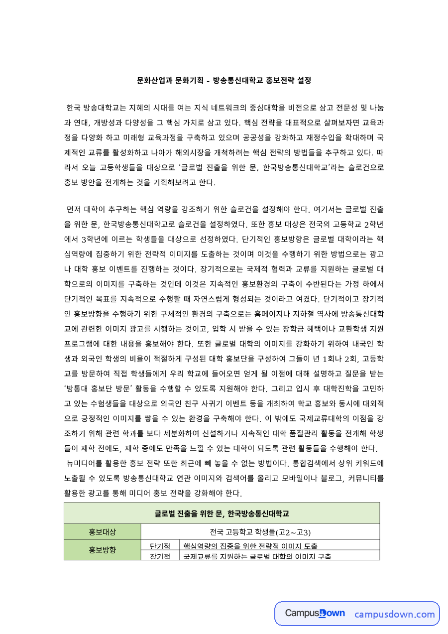 문화산업과문화기획 과제 – 방송통신대학교 홍보전략 설정 자료의 첫 페이지 미리보기