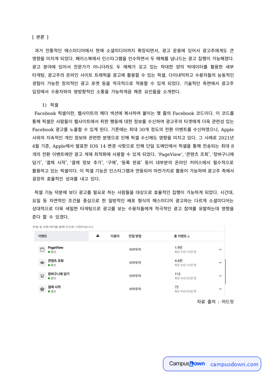 인스타그램 광고 픽셀과 쌍방향 소통, 페이스북 인수 후 변화 자료의 첫 페이지 미리보기