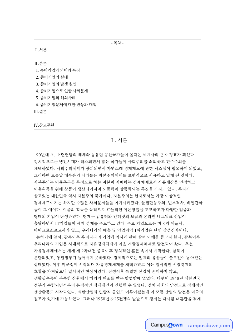 좀비기업문제와 좀비기업의 의미와 특징과 좀비기업의 발생 원인 자료의 첫 페이지 미리보기