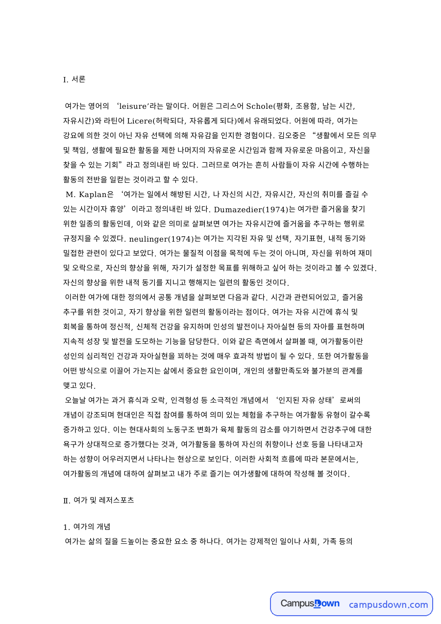 여가의 개념: 스킨스쿠버·재미 중심 핵심 내용 정리 자료의 첫 페이지 미리보기