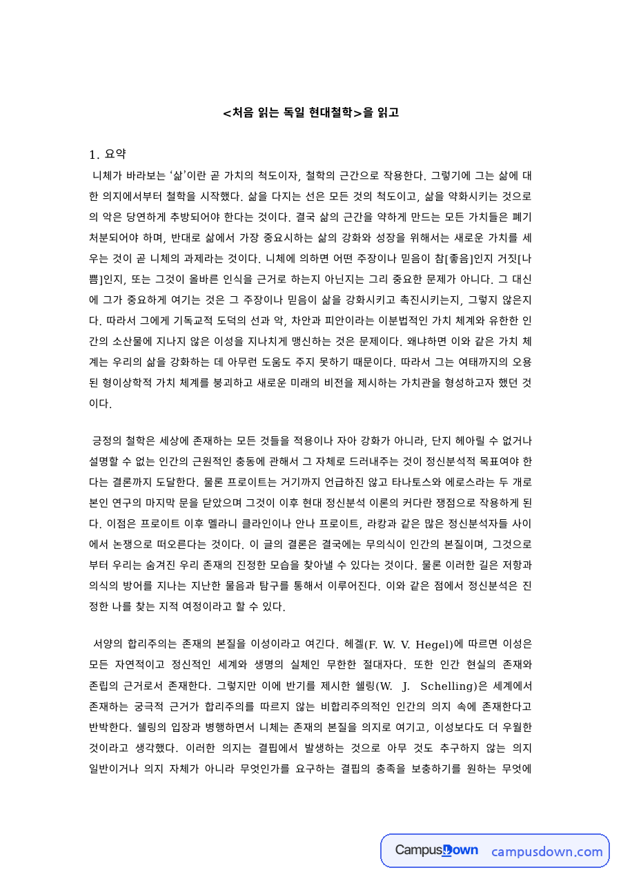 처음 읽는 독일 현대철학 독후감 – 니체의 삶과 가치 자료의 첫 페이지 미리보기