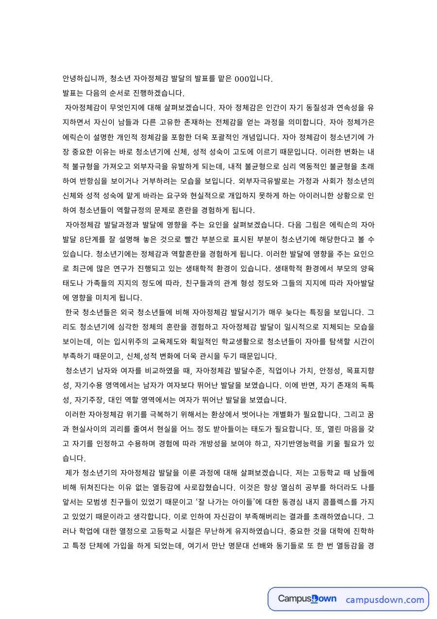 청소년심리 과제 – 청소년 자아정체감 발달 발표 자료의 첫 페이지 미리보기