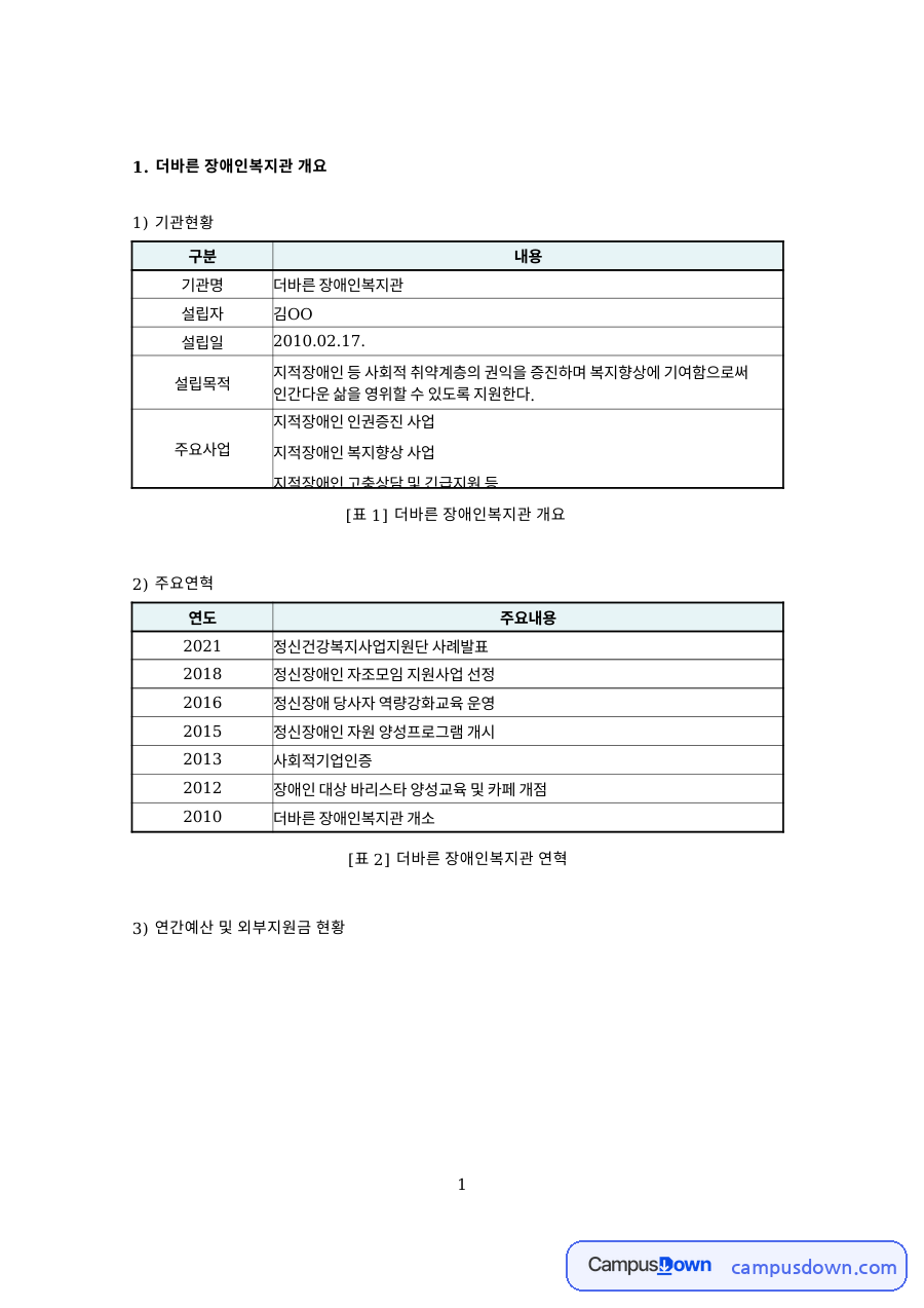 더바른 장애인복지관 개요 자료의 첫 페이지 미리보기