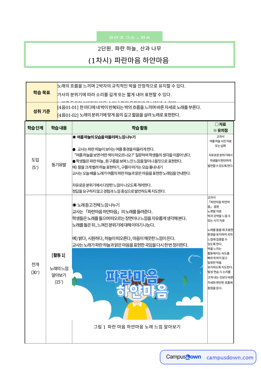 음악과 교수학습 지도안 파란마음 하얀마음 2박자 초등 음악 수업 자료의 첫 페이지 미리보기