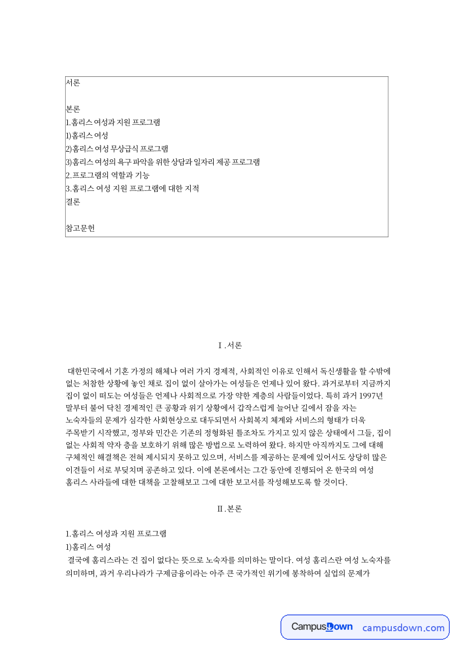 홈리스 여성과 지원 프로그램 핵심 개념과 주요 내용 정리 자료의 첫 페이지 미리보기