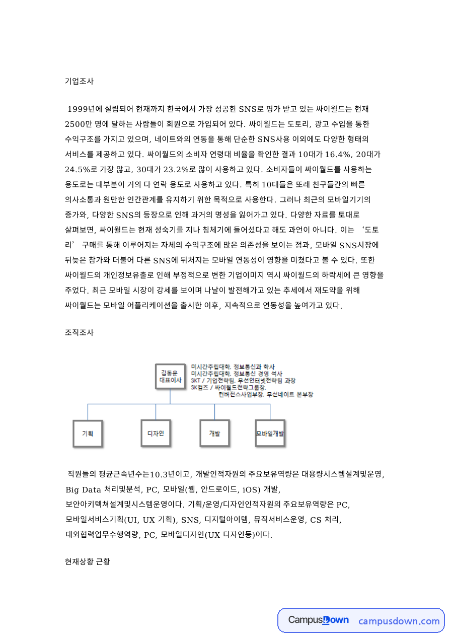 싸이월드 기업조사, 조직 현황과 수익구조 다변화 전략 제안 자료의 첫 페이지 미리보기