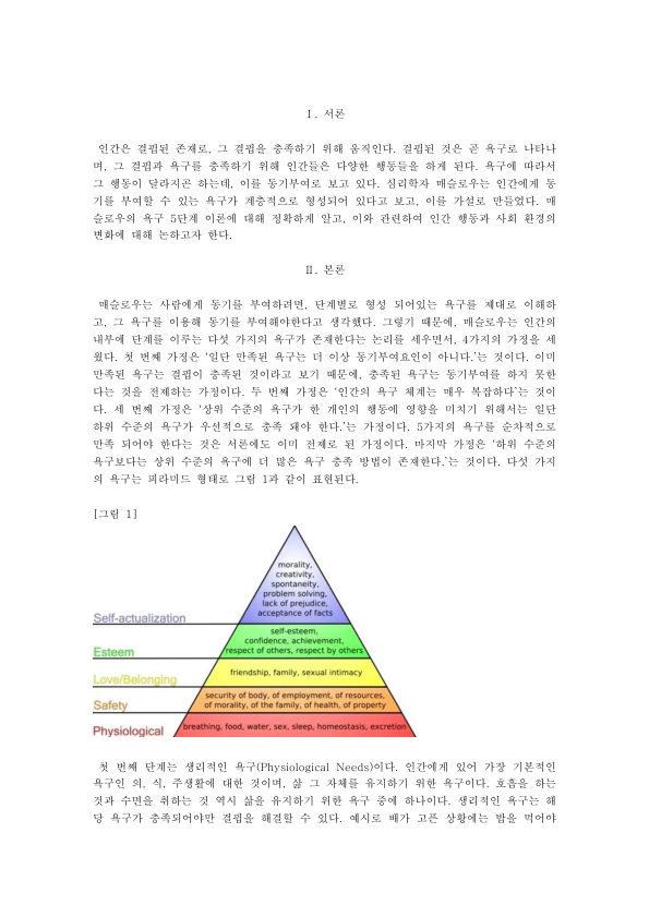 매슬로우 욕구 5단계 이론으로 본 인간 동기부여 미리보기 1페이지