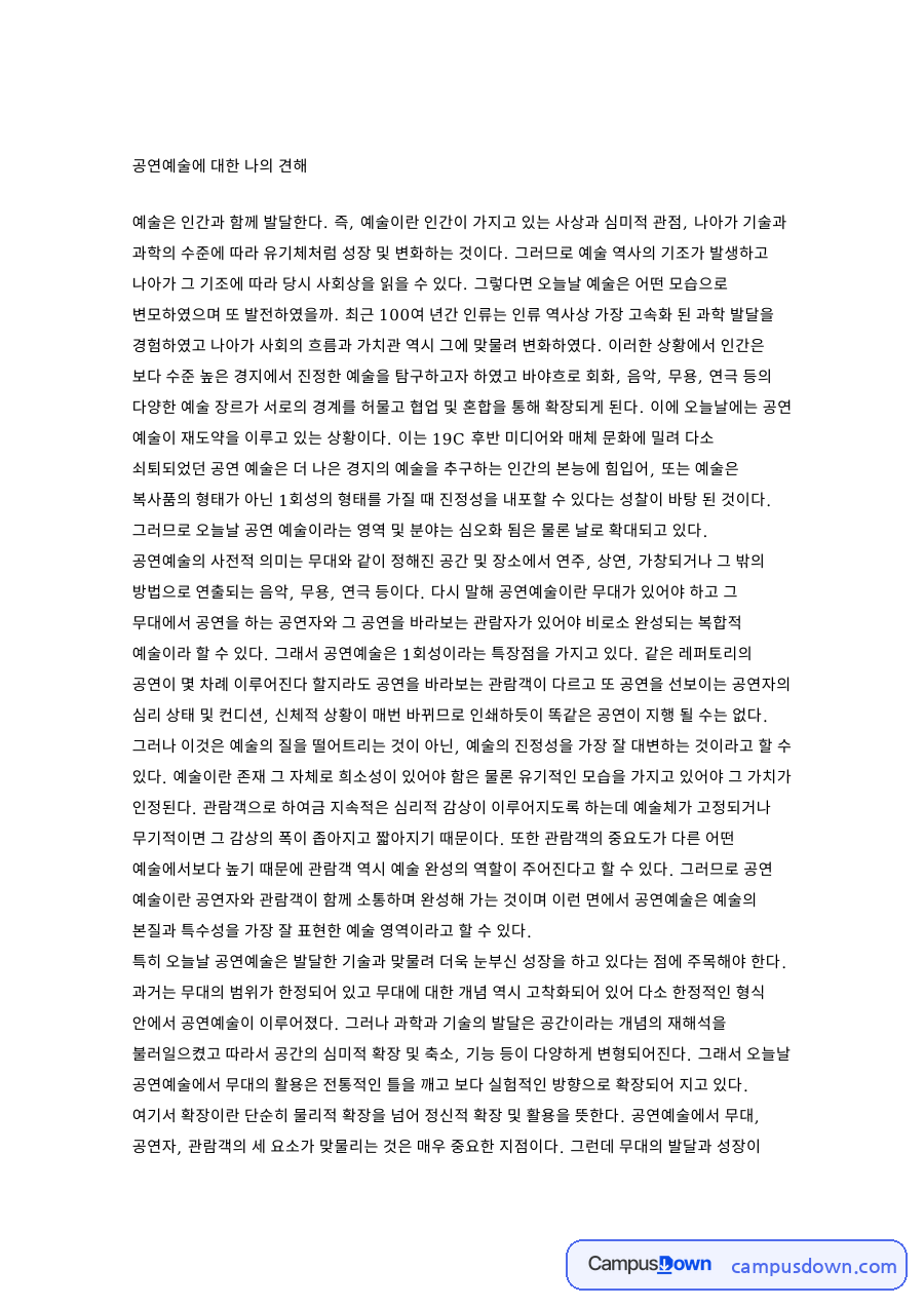공연예술에 대한 나의 견해 핵심 개념과 주요 내용 정리 자료의 첫 페이지 미리보기