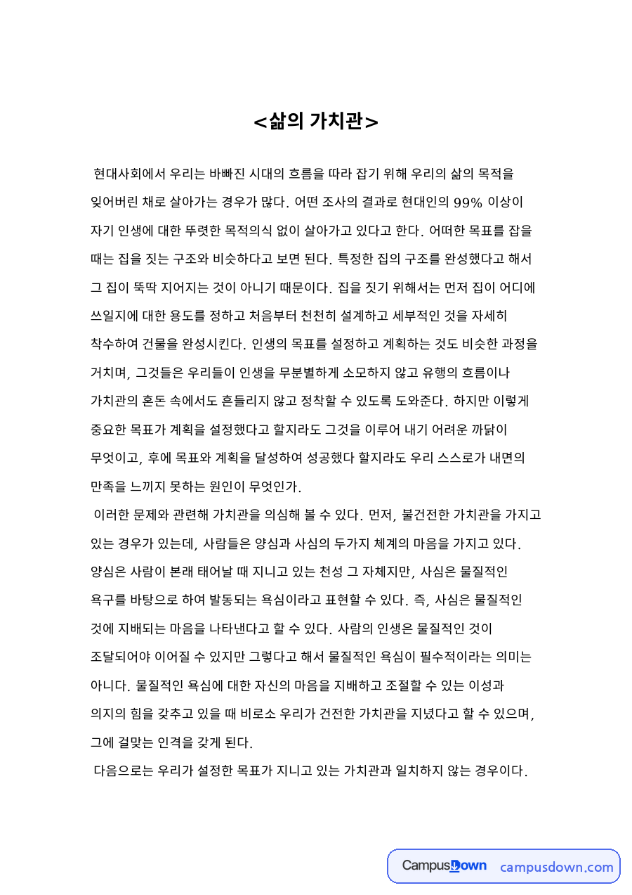 삶의 가치관 자료의 첫 페이지 미리보기