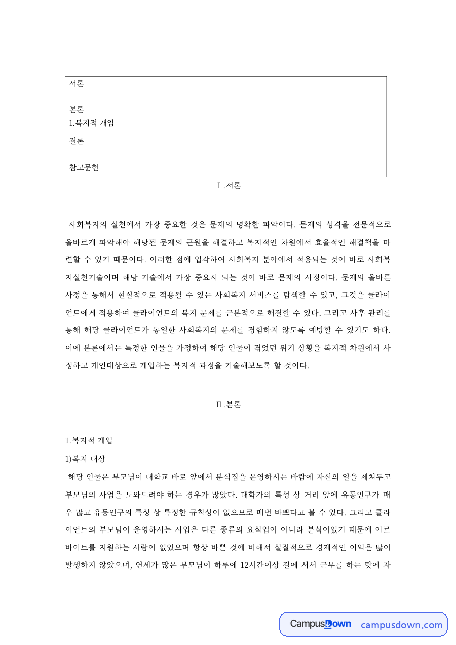 복지적 개입: 클라이언트·제공해줄 중심 핵심 내용 정리 자료의 첫 페이지 미리보기