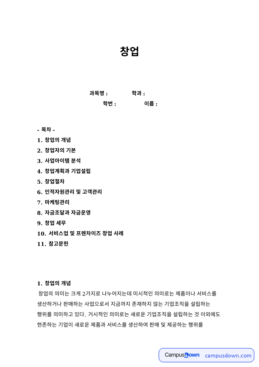 사업아이템 분석 자료의 첫 페이지 미리보기