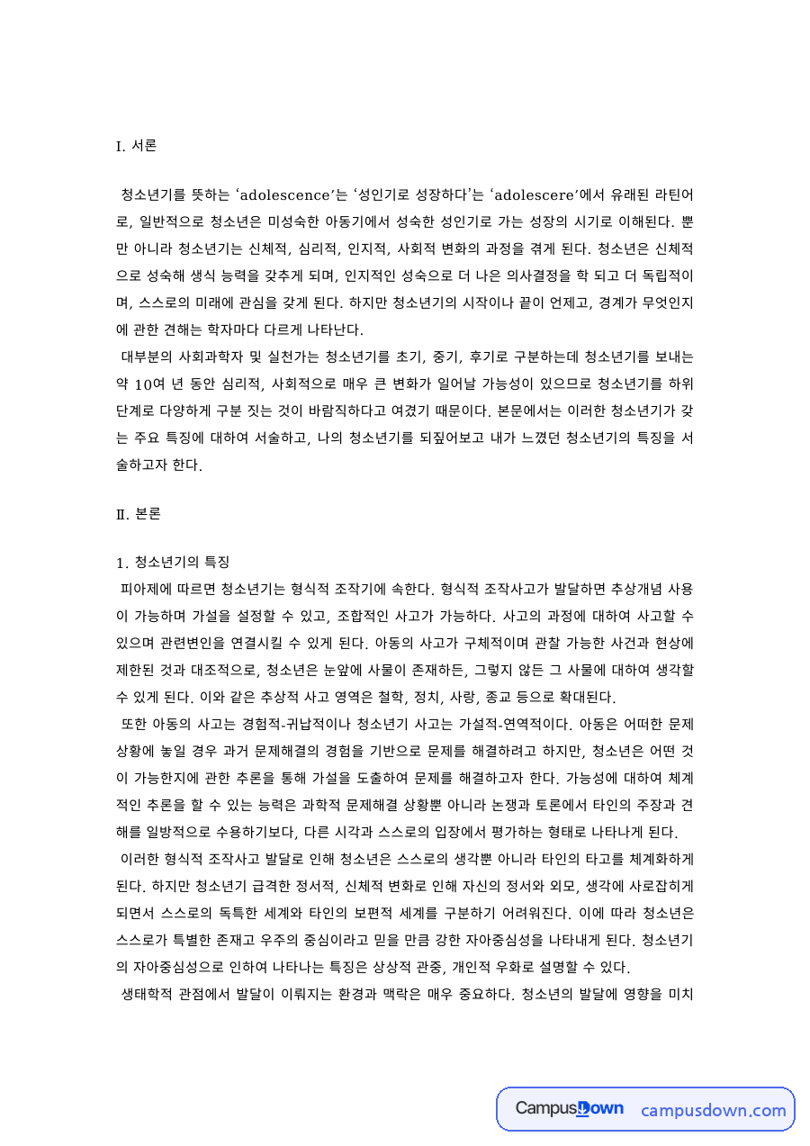 청소년심리 과제 – 청소년기의 특징 자료의 첫 페이지 미리보기