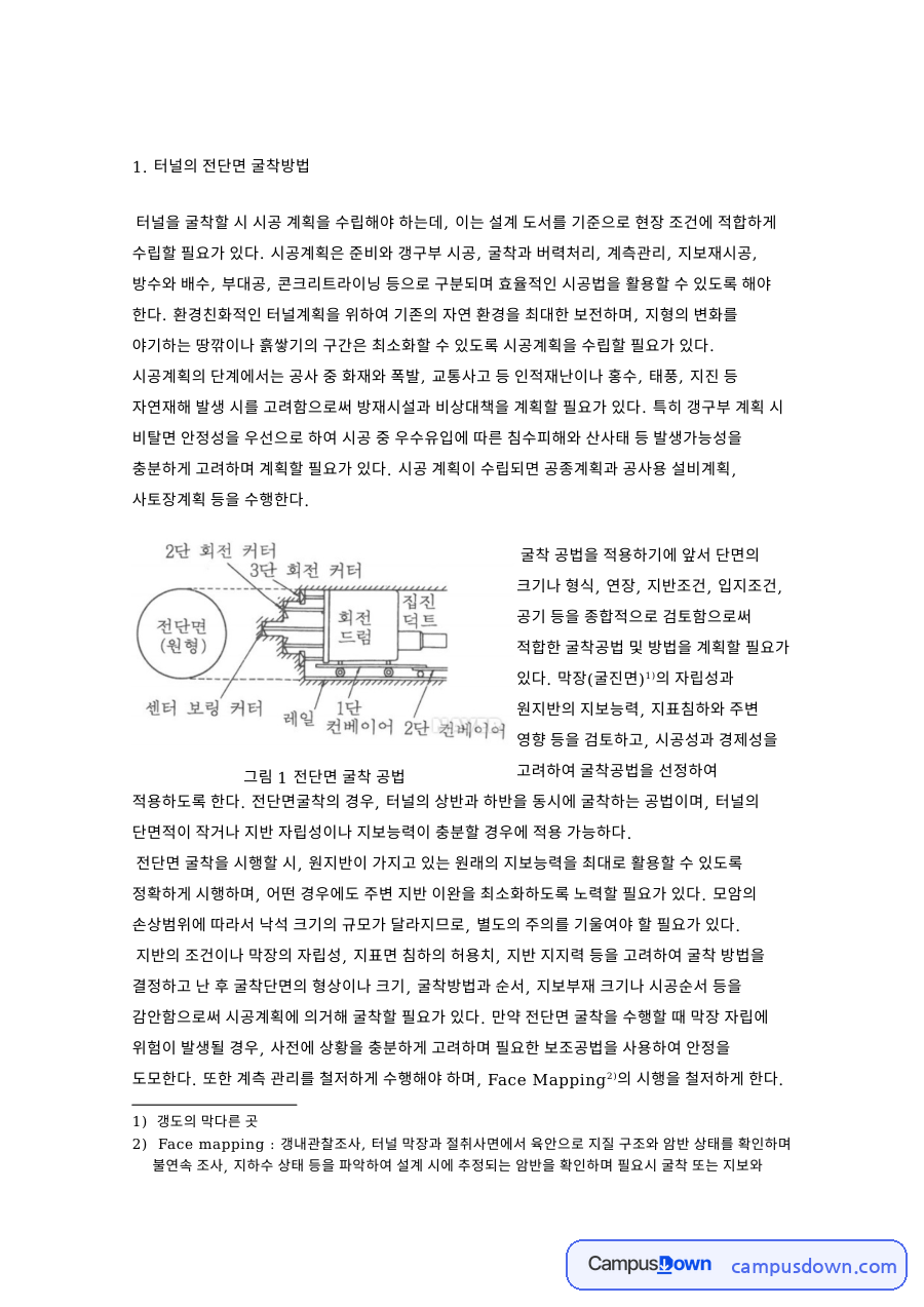 터널굴착 전단면 공법과 벤치컷, 숏크리트 리바운드 정리 자료의 첫 페이지 미리보기