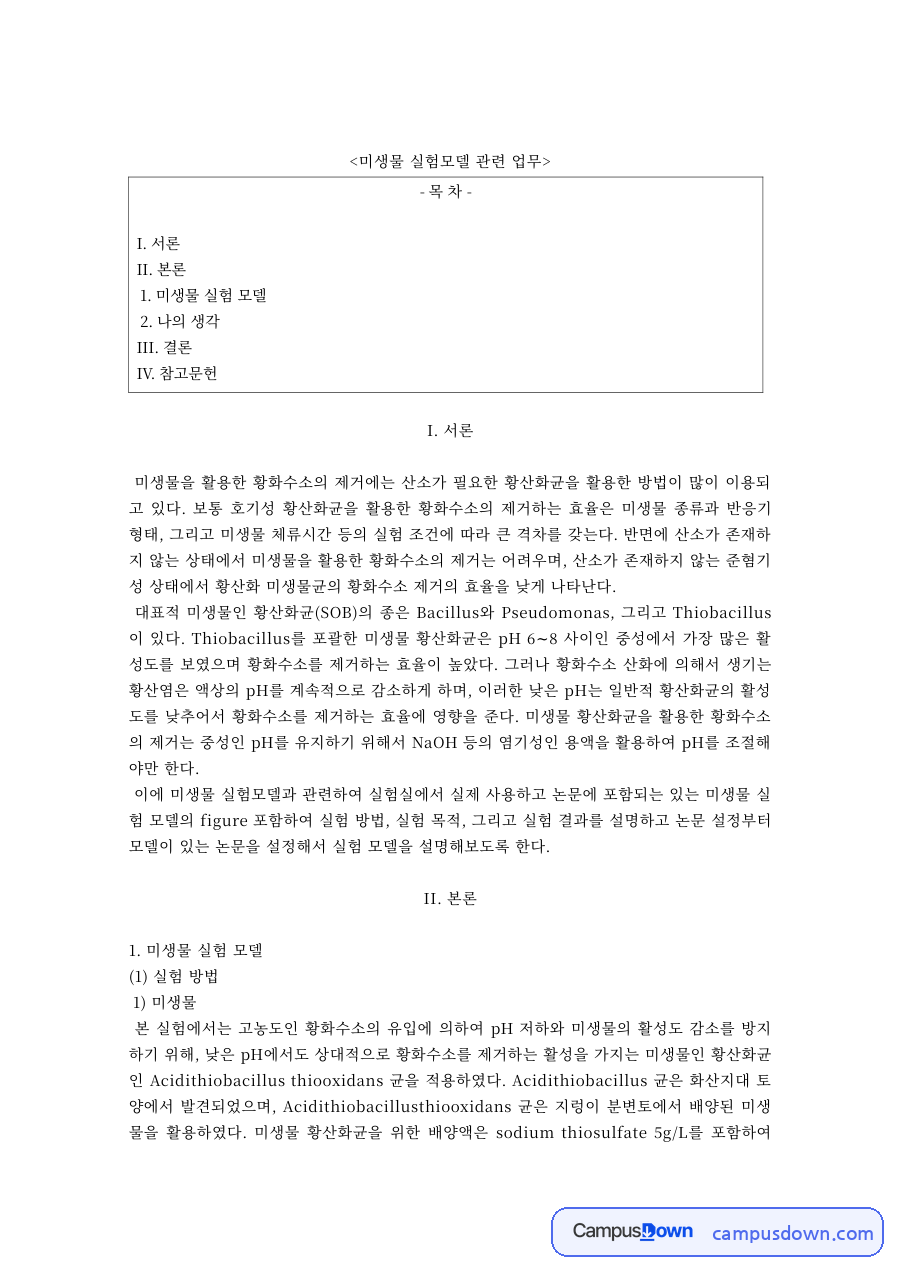 환경미생물 과제 – 황화수소 제거를 위한 미생물 실험 모델 자료의 첫 페이지 미리보기