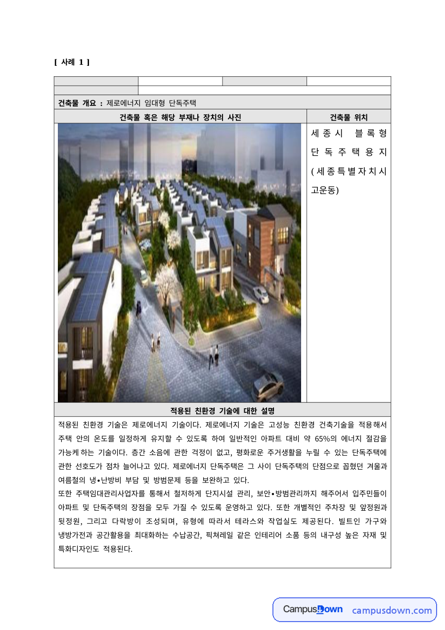 건축공학 과제 – 제로에너지 임대형 단독주택 적용 기술 사례 자료의 첫 페이지 미리보기