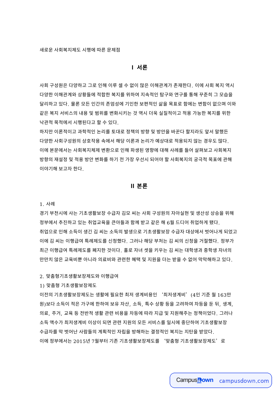 새로운 사회복지제도 시행에 따른 문제점 자료의 첫 페이지 미리보기