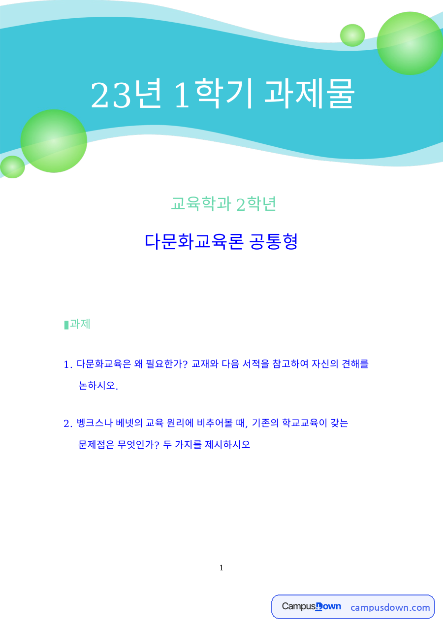 다문화교육의 개념과 베넷·뱅크스의 교육 원리 자료의 첫 페이지 미리보기