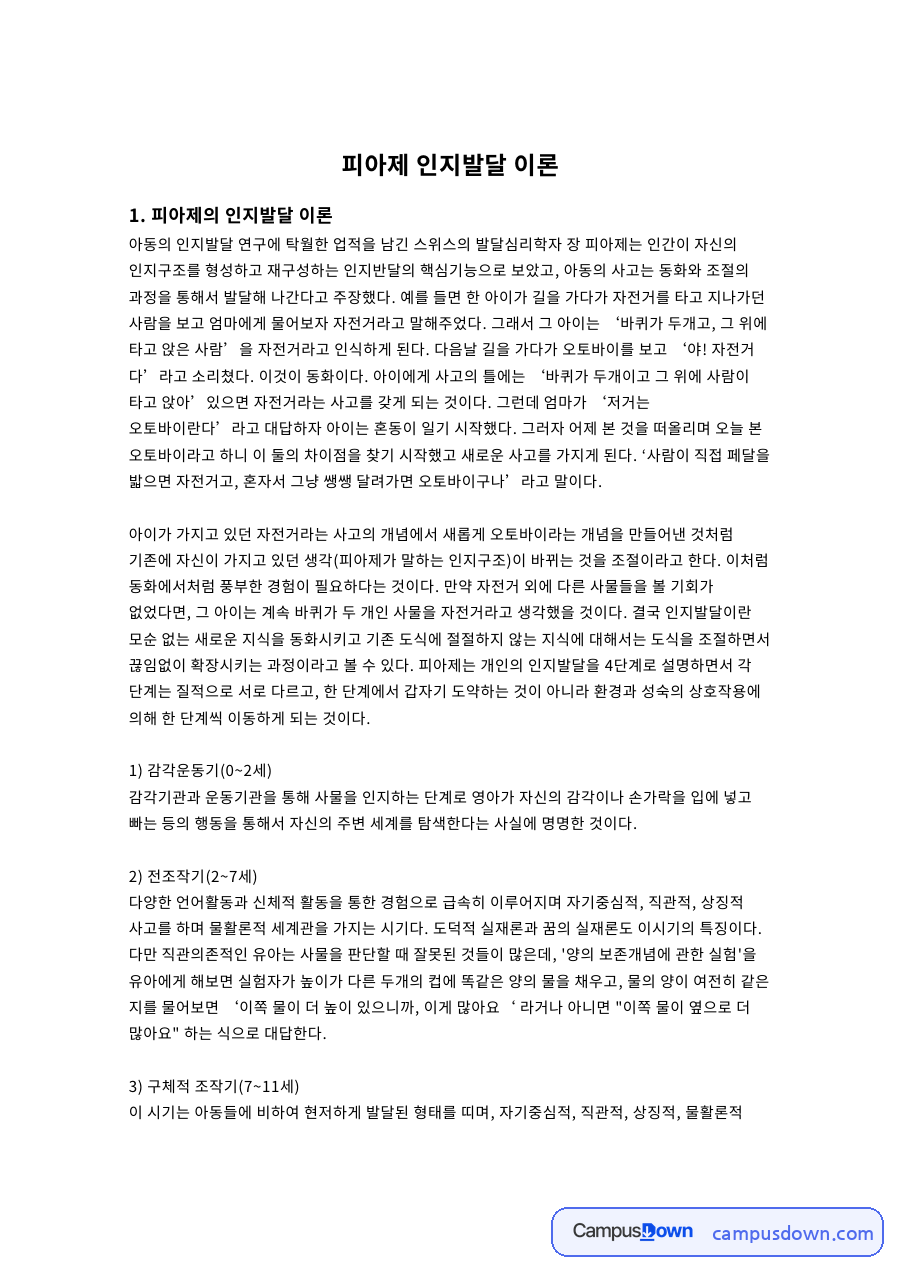 피아제 인지발달 이론 자료의 첫 페이지 미리보기