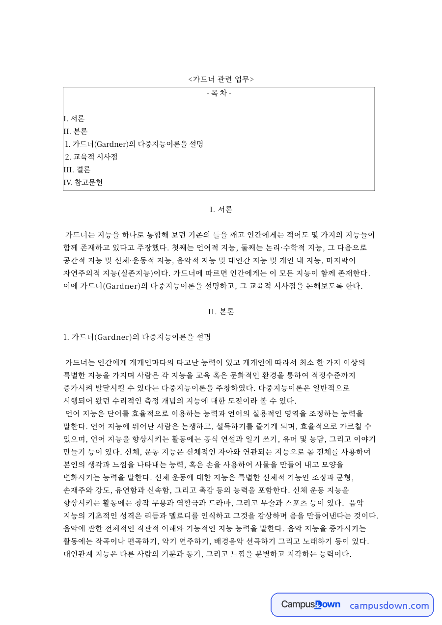 교육적 시사점: 지능·가드너 중심 핵심 내용 정리 자료의 첫 페이지 미리보기