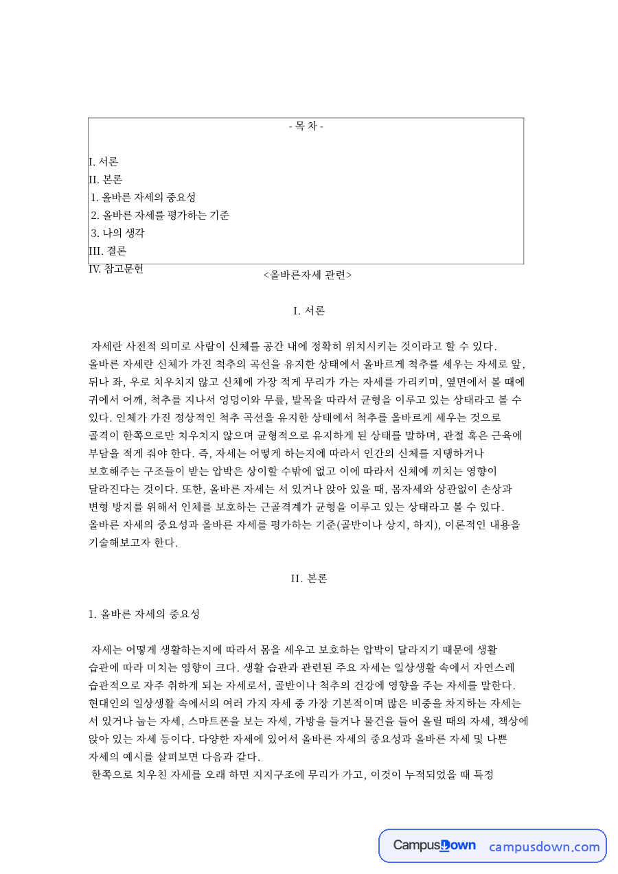 올바른 자세의 중요성과 올바른 자세를 평가하는 기준 자료의 첫 페이지 미리보기