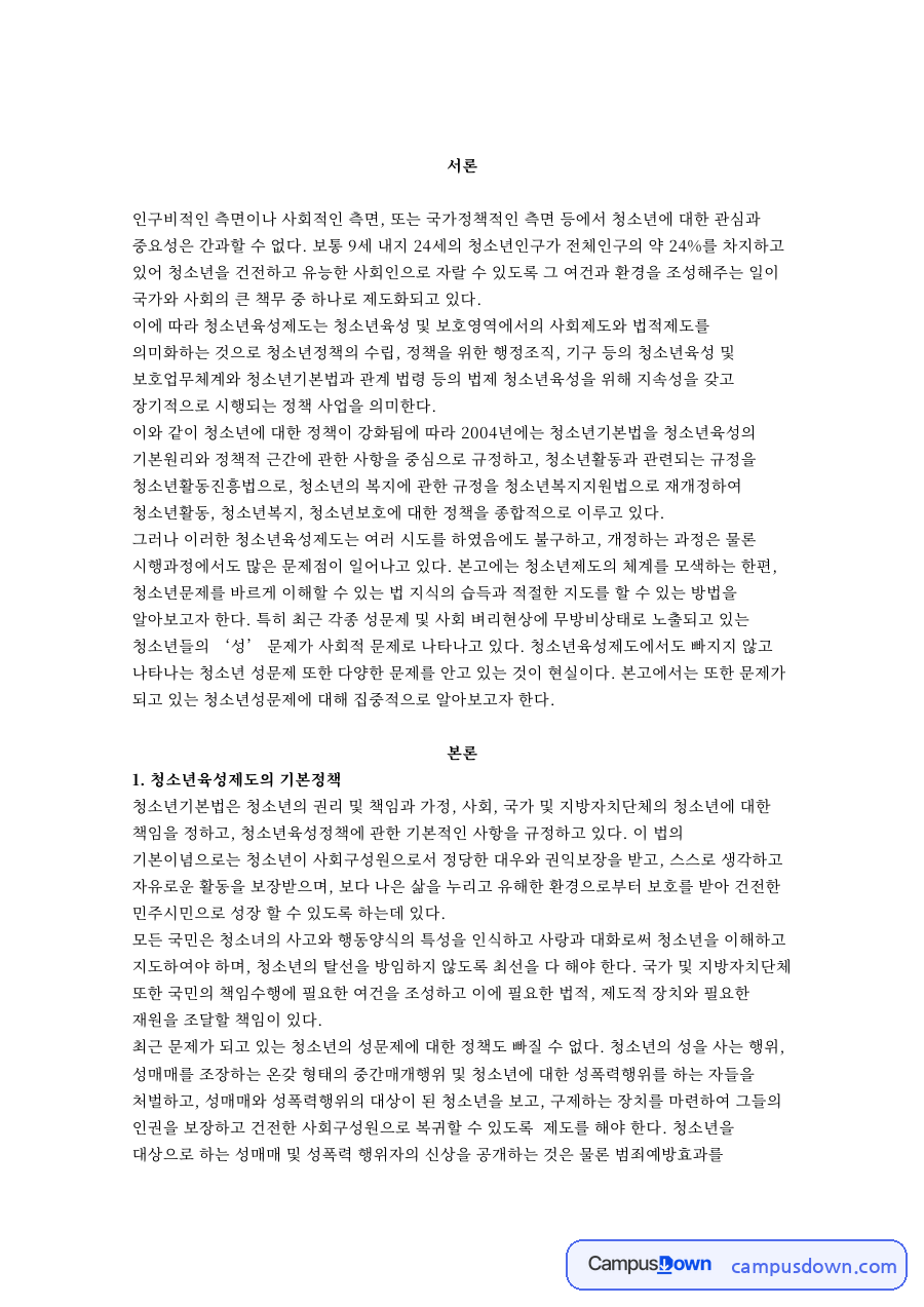 청소년육성제도의 기본정책과 청소년 성문제의 현황 자료의 첫 페이지 미리보기