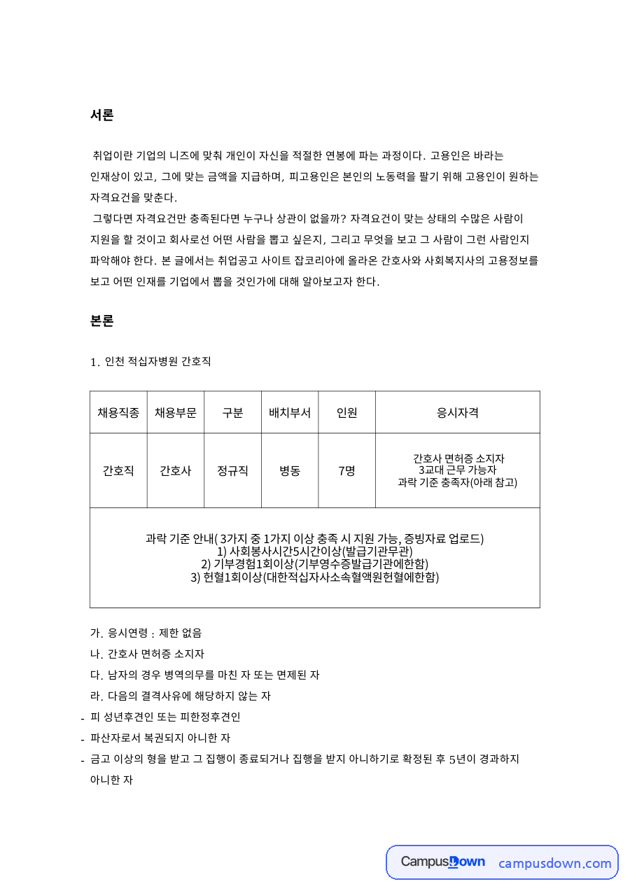 인재상 분석, 간호사와 사회복지사 채용공고 비교 자료의 첫 페이지 미리보기