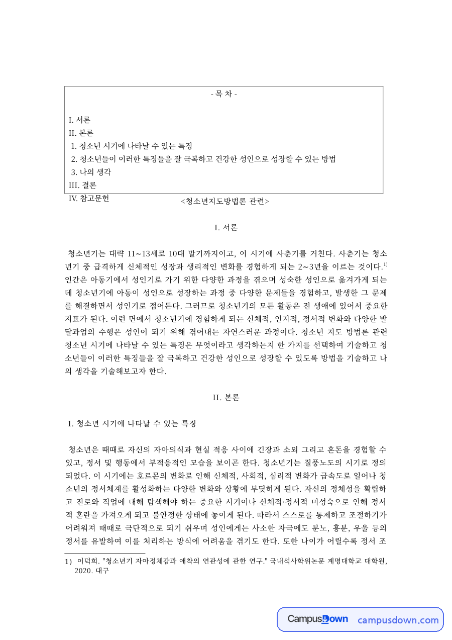 청소년지도방법론 과제 – 청소년 시기의 특징과 지도 방법 자료의 첫 페이지 미리보기