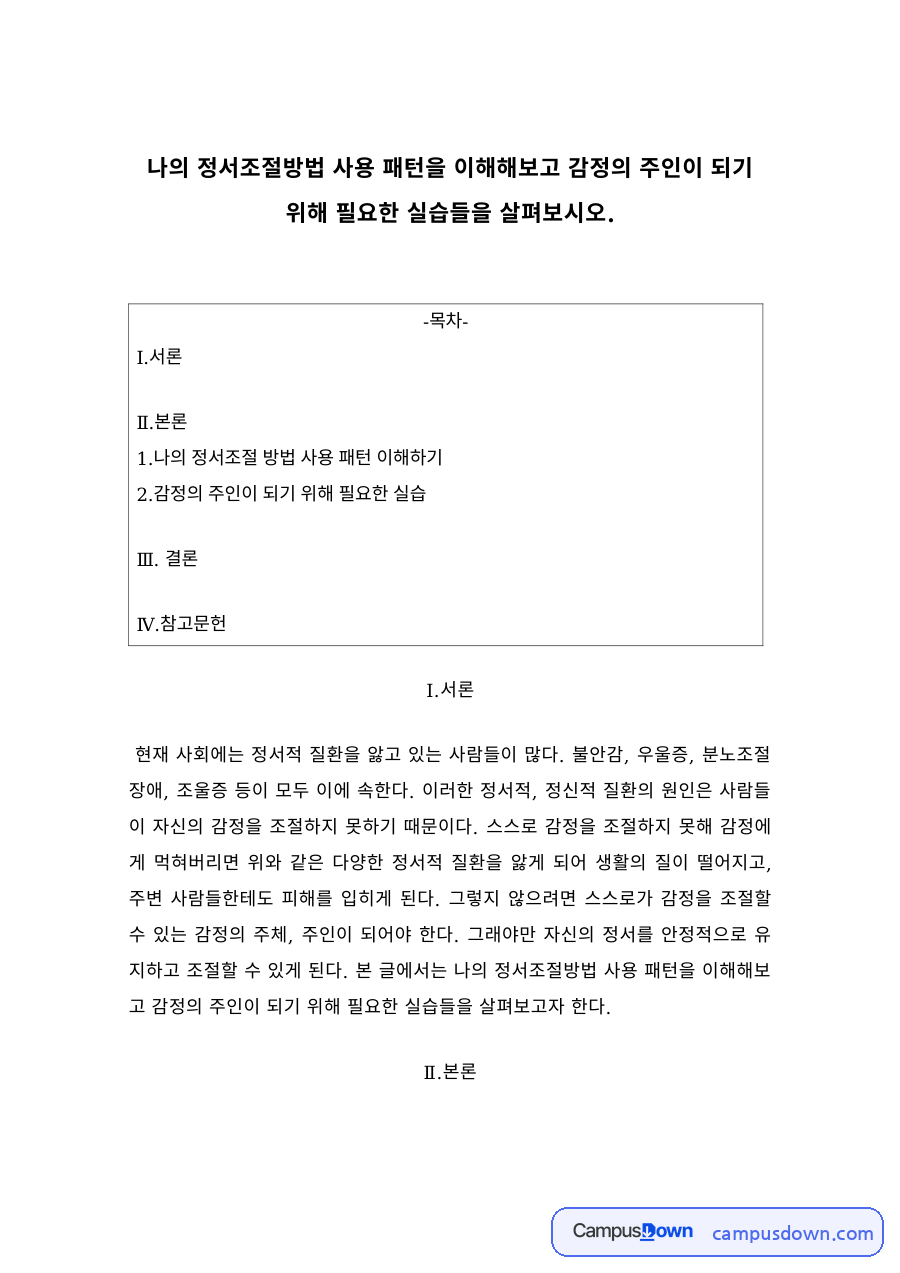 정서조절 방략 프로파일과 나의 정서조절방법 사용 패턴 분석 자료의 첫 페이지 미리보기