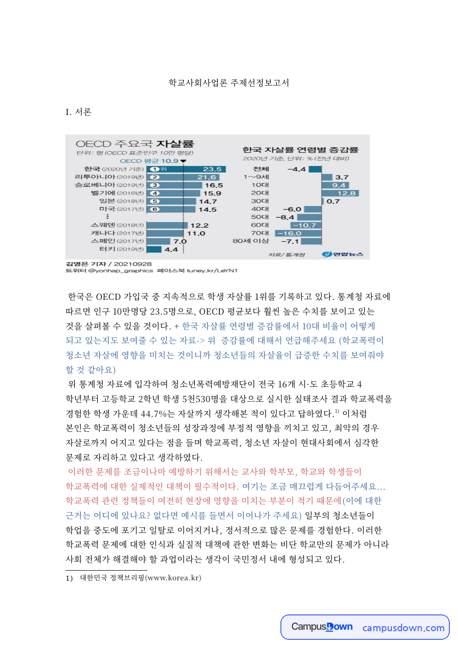 학교사회사업론 주제선정보고서 자료의 첫 페이지 미리보기