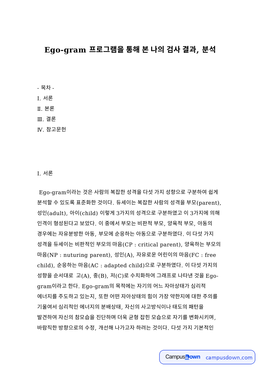 Ego-gram 프로그램을 통해 본 나의 검사 결과, 분석 자료의 첫 페이지 미리보기