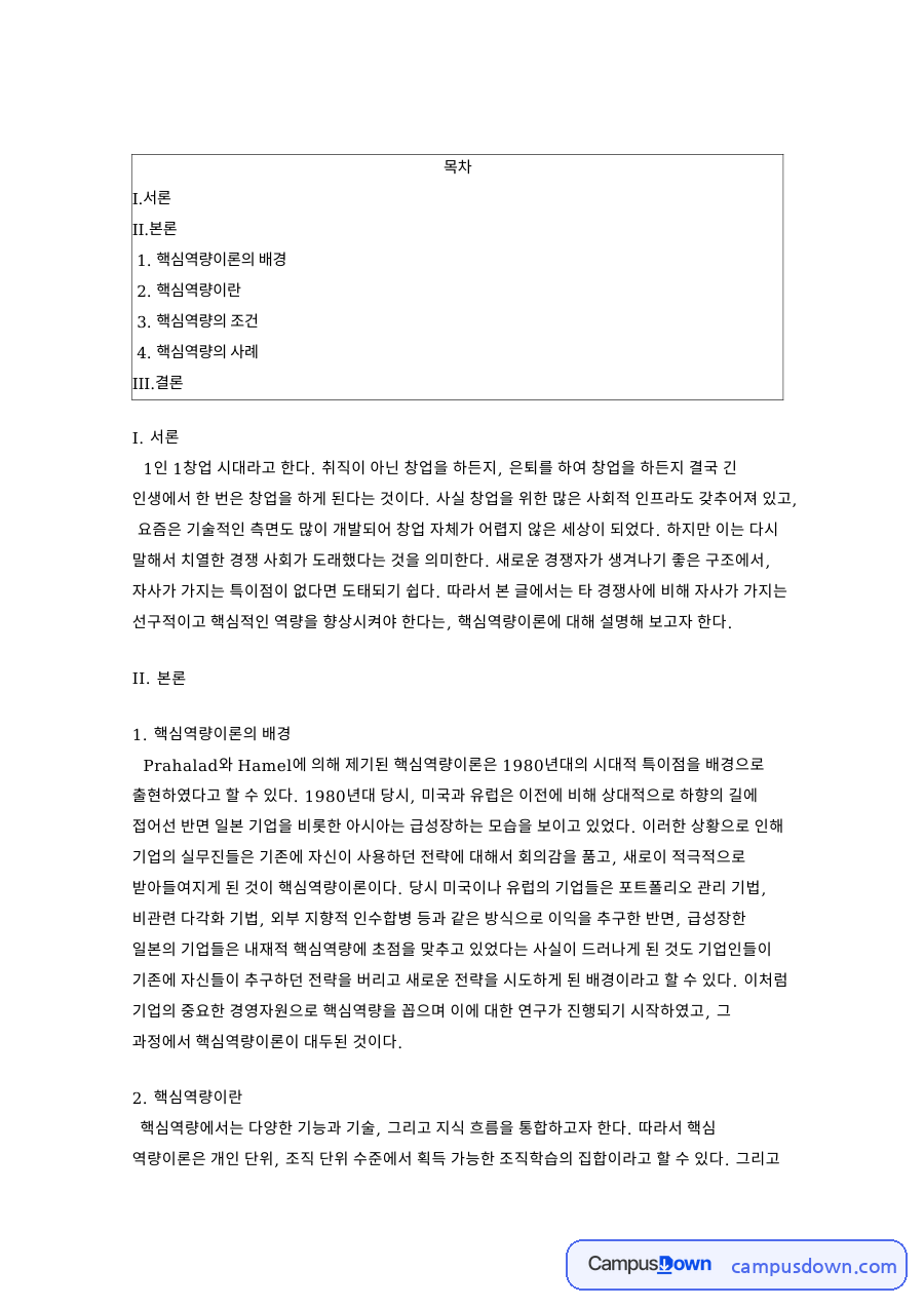 핵심역량이론의 배경 핵심 개념과 주요 내용 정리 자료의 첫 페이지 미리보기