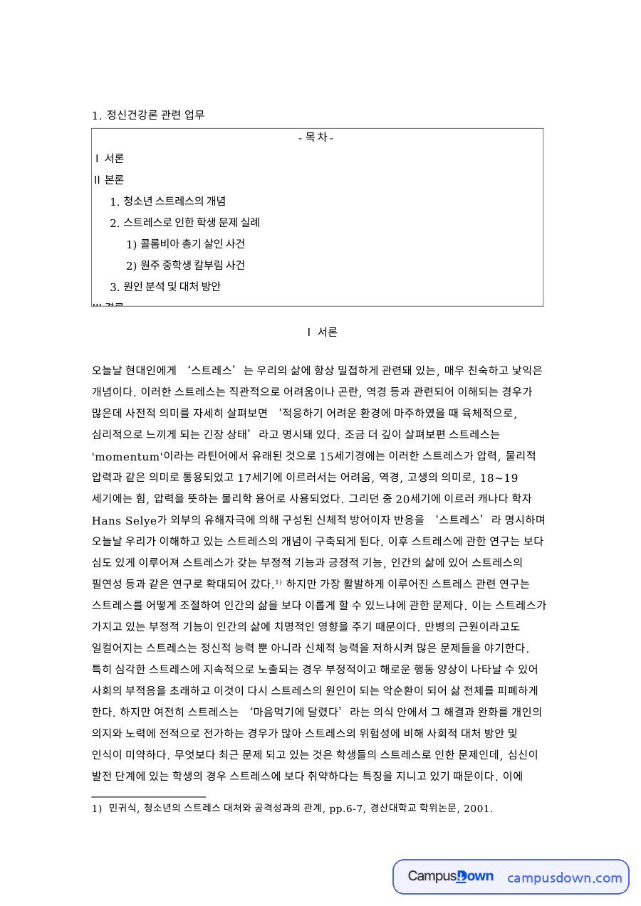 청소년 스트레스의 개념 핵심 개념과 주요 내용 정리 자료의 첫 페이지 미리보기