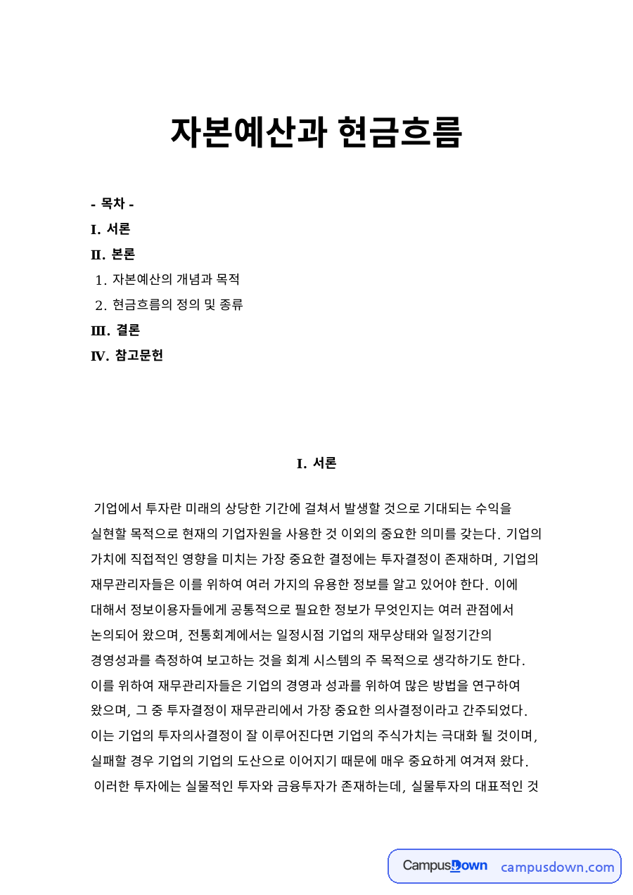 자본예산과 현금흐름 자료의 첫 페이지 미리보기