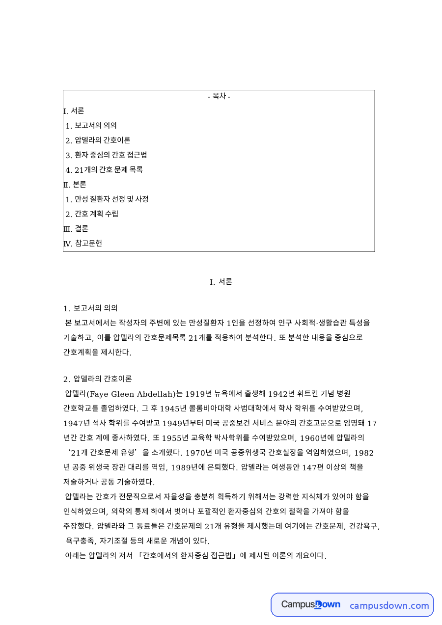 환자 중심의 간호 접근법 압델라 관련 핵심 내용 요약 정리 자료의 첫 페이지 미리보기