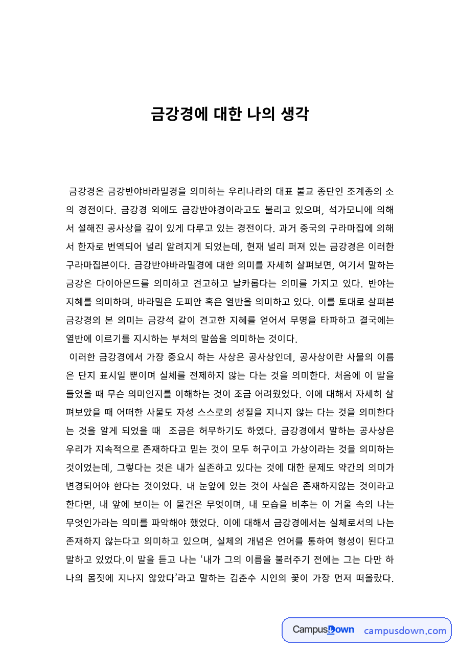 불교학 과제 – 금강경에 대한 나의 생각 자료의 첫 페이지 미리보기