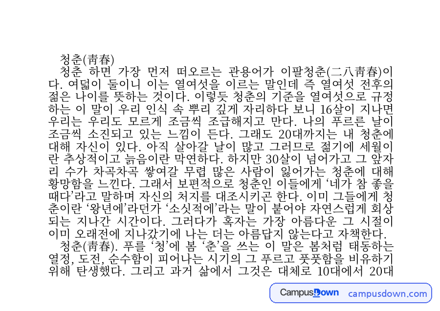 수필 과제 – 청춘(靑春)의 의미에 대한 단상 자료의 첫 페이지 미리보기