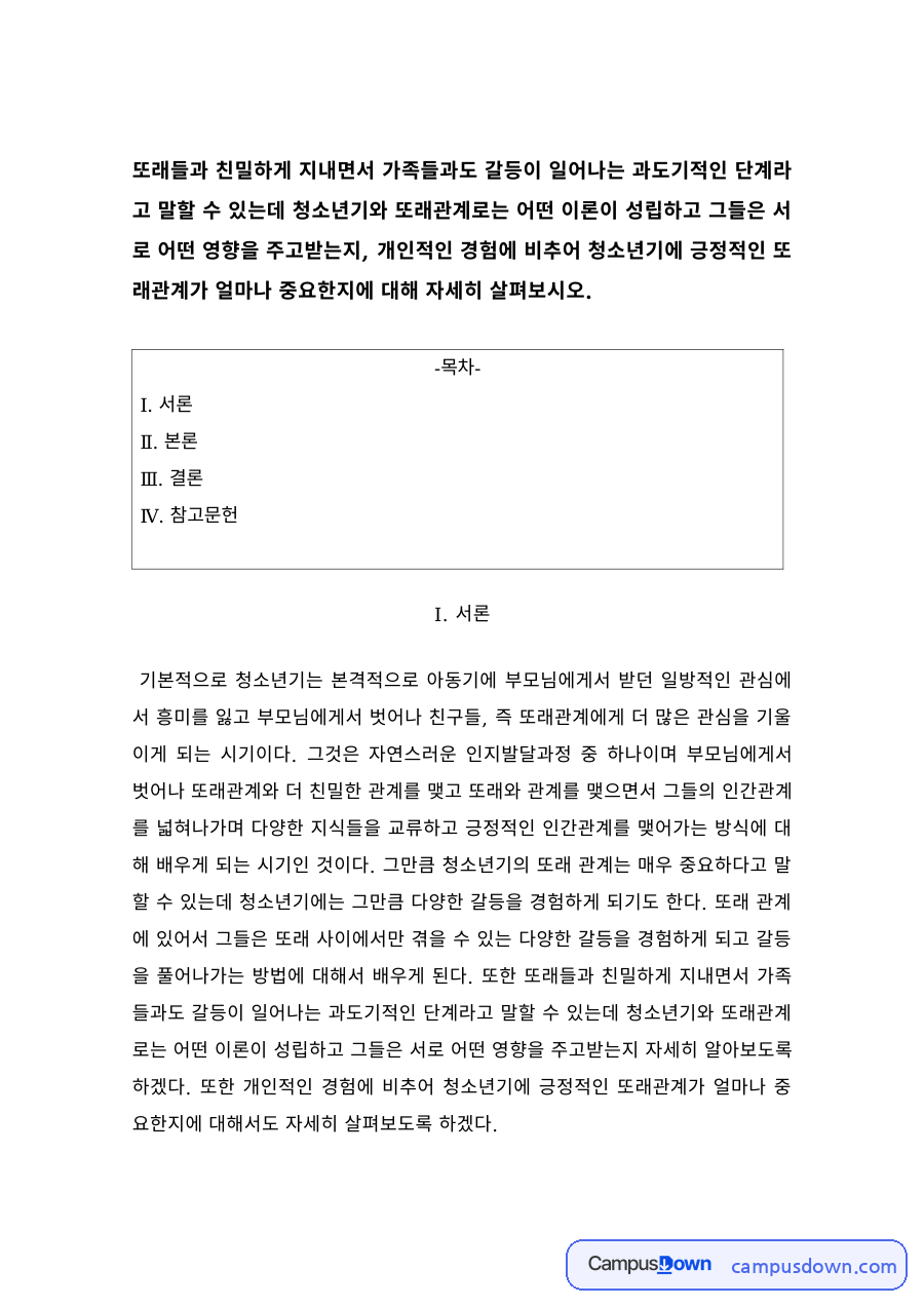 청소년심리 과제 – 청소년기 또래관계 이론과 상호 영향 자료의 첫 페이지 미리보기