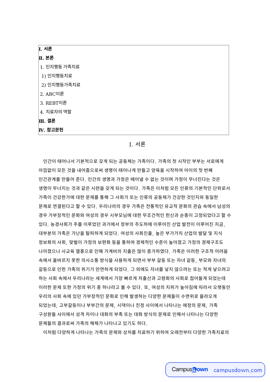 인지행동 가족치료 자료의 첫 페이지 미리보기