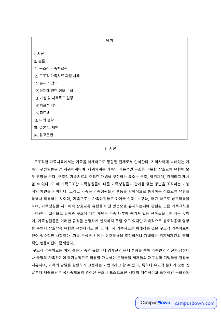 가족치료 과제 – 구조적 가족치료의 문제 정의와 정보 수집 자료의 첫 페이지 미리보기