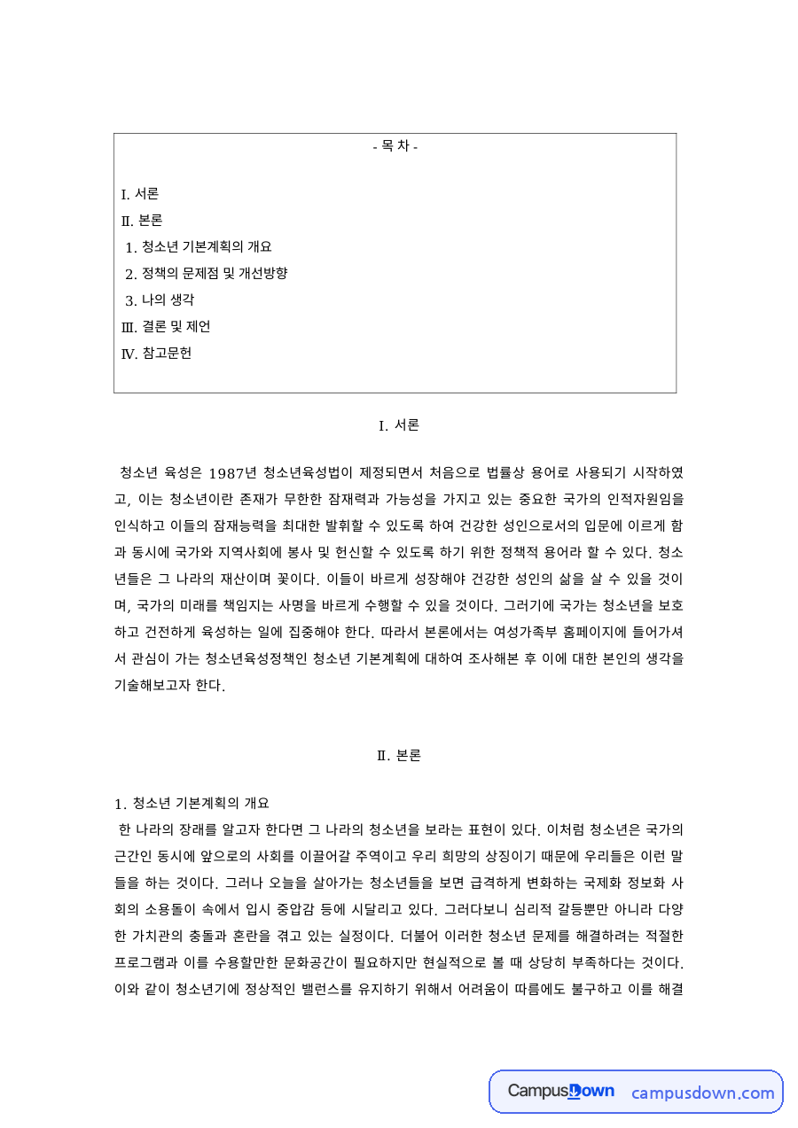 청소년정책 과제 – 청소년 육성정책의 문제점과 개선방향 자료의 첫 페이지 미리보기