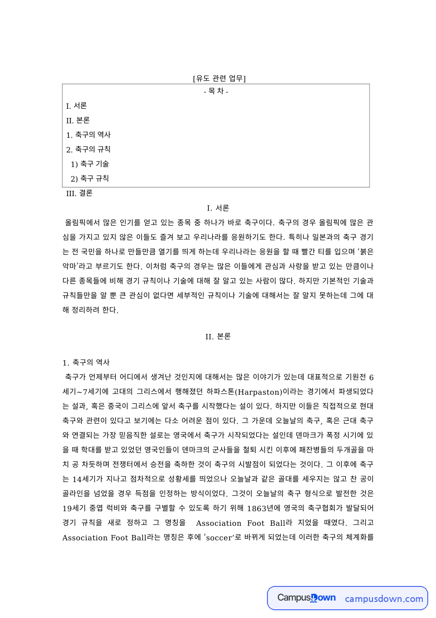 체육 과제 – 축구의 역사와 기본 기술 및 규칙 자료의 첫 페이지 미리보기